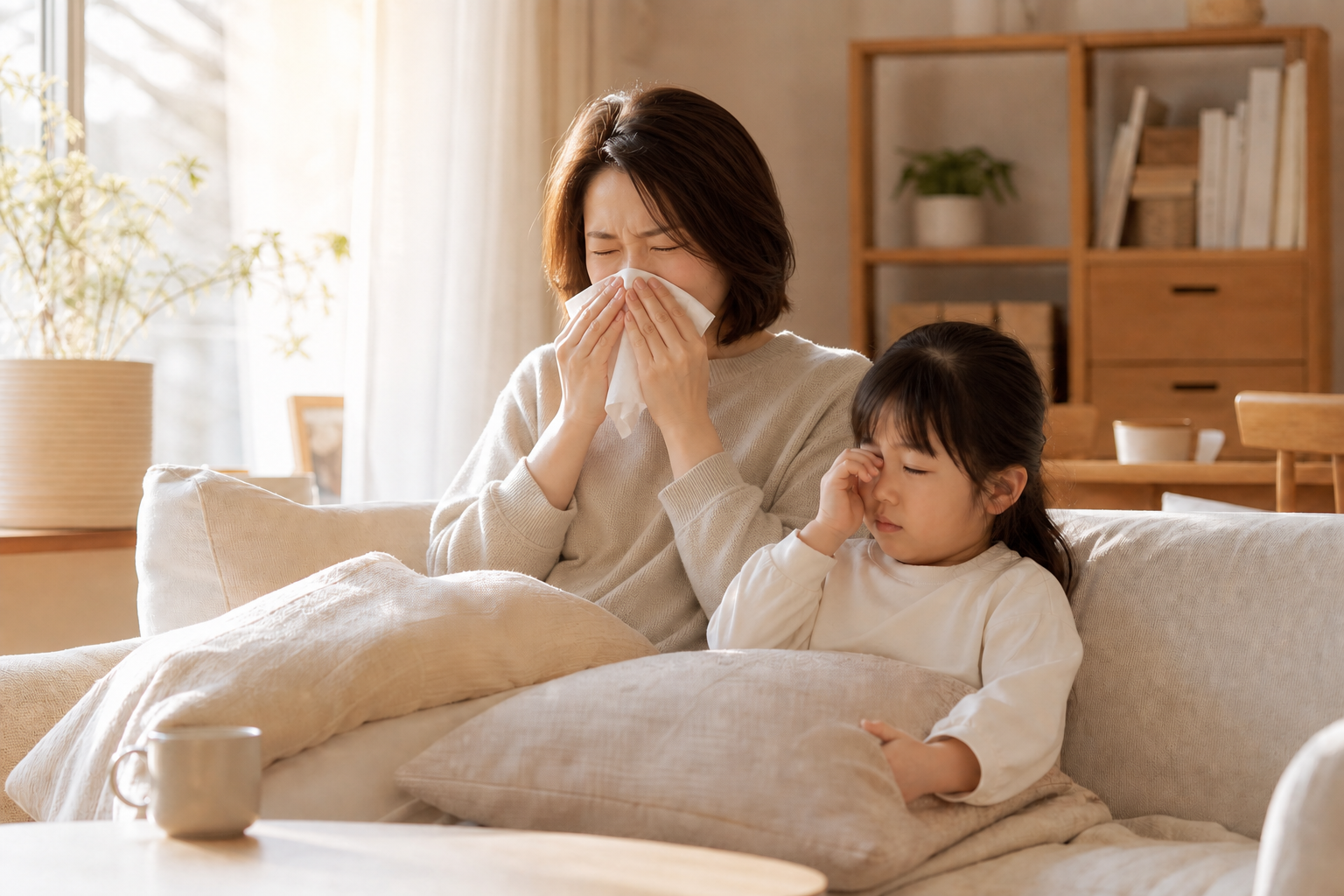 家の中でもくしゃみや目のかゆみが気になる親子のイメージ